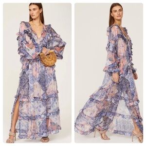 New!Misa Los Angeles Persephone Ruffle Maxi Dress Abstract Floral 🩵Medium NWT!